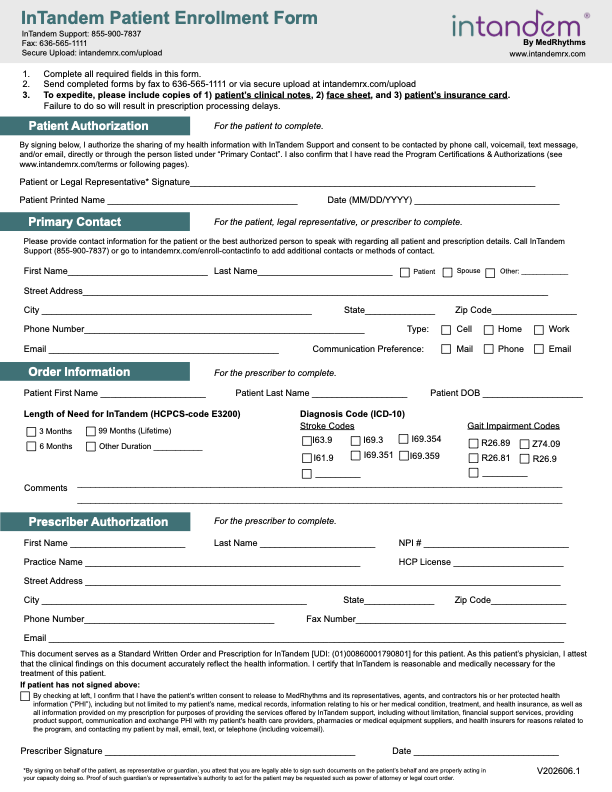 Front page of the InTandem Patient Enrollment Form showing sections for patient authorization, patient and contact details, order information, and prescriber authorization.